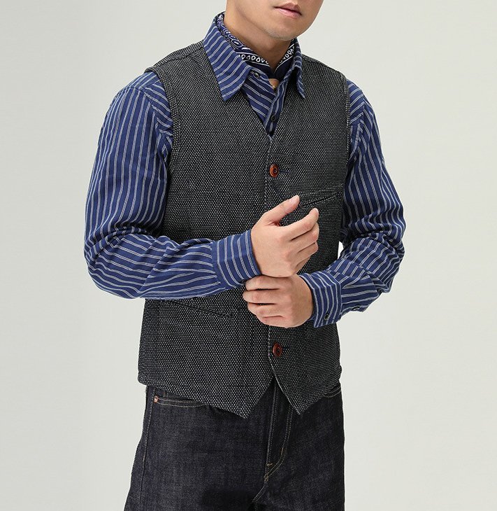 LHH184★レトロ ワークベスト デニムベスト 13OZ 綿100% 水玉模様 メンズ 紳士用 YKKボタン バックルバック シンチバック XL拍卖