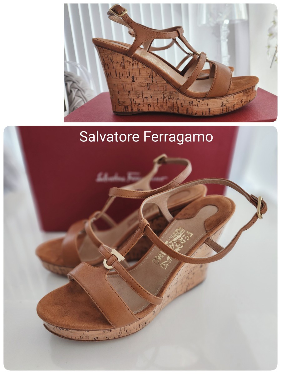 送料無料◆定価7万円 Salvatore Ferragamo サルヴァトーレ フェラガモ キャメルブラウン ガンチーニ金具 コルクソールサンダル 7C拍卖