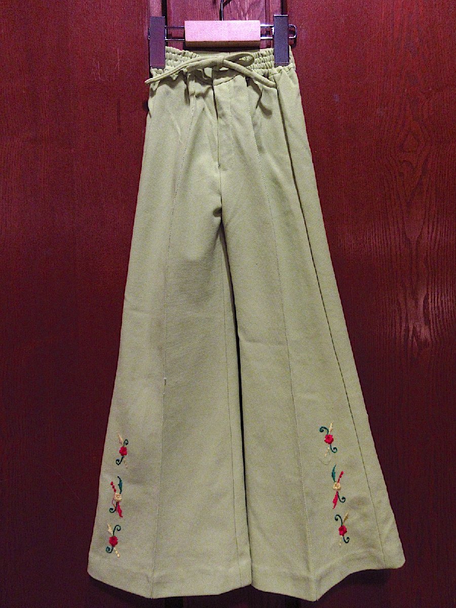ビンテージ70's●キッズフラワー刺繍フレアパンツ黄緑実寸W34cm~50cm●230710c5-k-pnt-ot-wf 1970sボトムス古着子供服拍卖