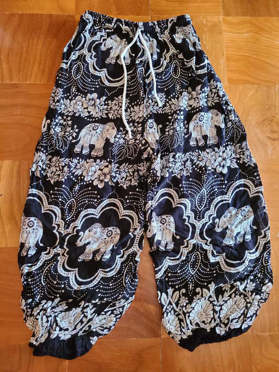新品★タイパンツ 黒字に白ゾウ柄と花柄★長ズボン ブラックホワイト 象★ウエストゴム★エスニックアジアン タイランド拍卖