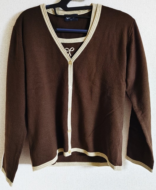 LLサイズ iadna アンサンブル ニット 長袖 カーディガン 半袖 ニット リボン刺繍 こげ茶×ベージュ拍卖