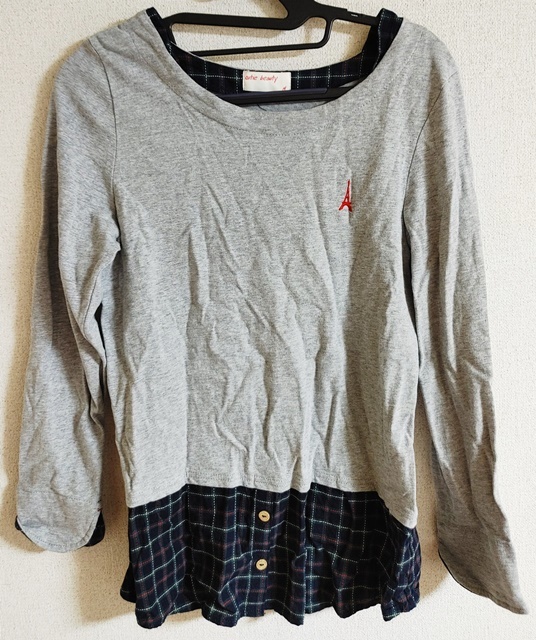 Mサイズ cutie beauty 長袖 七分袖 カットソー チュニック グレー×スソ紺色チェック柄拍卖