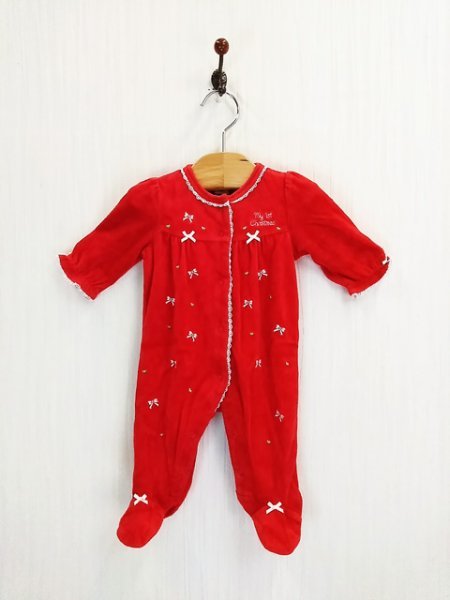 KU1109 ○送料無料 古着 Little Me リトルミー ベビー カバーオール サイズ3M 赤 レッド 長袖 リボン ベロア レース クリスマス 刺繍拍卖
