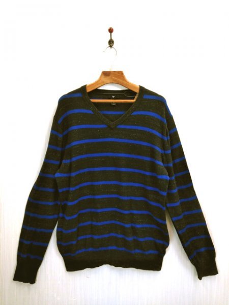 LU0427 ○送料無料 古着 GAP ギャップ メンズ ボーダー Vネック ニット Lサイズ ブルー 長袖 綿100% カジュアル ストレッチ クール 差し色拍卖