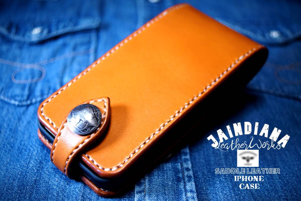 iPhone14ケース(14pro・proMAX・14Plus用の製作も可) 手縫い サドルレザー キャメルC拍卖