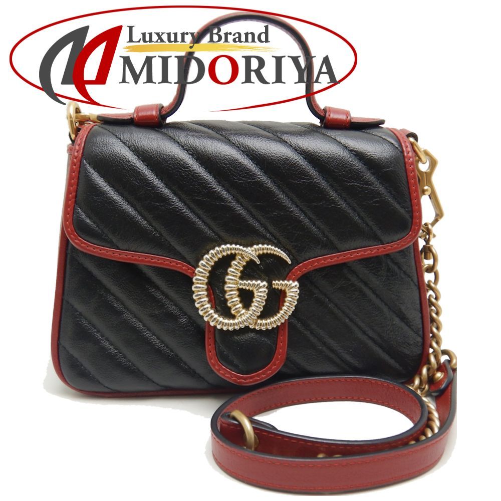 グッチ GUCCI ミニトップハンドルバッグ 583571 ハンドバッグ GGマーモント キルティングスモール ブラック レッド / 250811【中古】拍卖