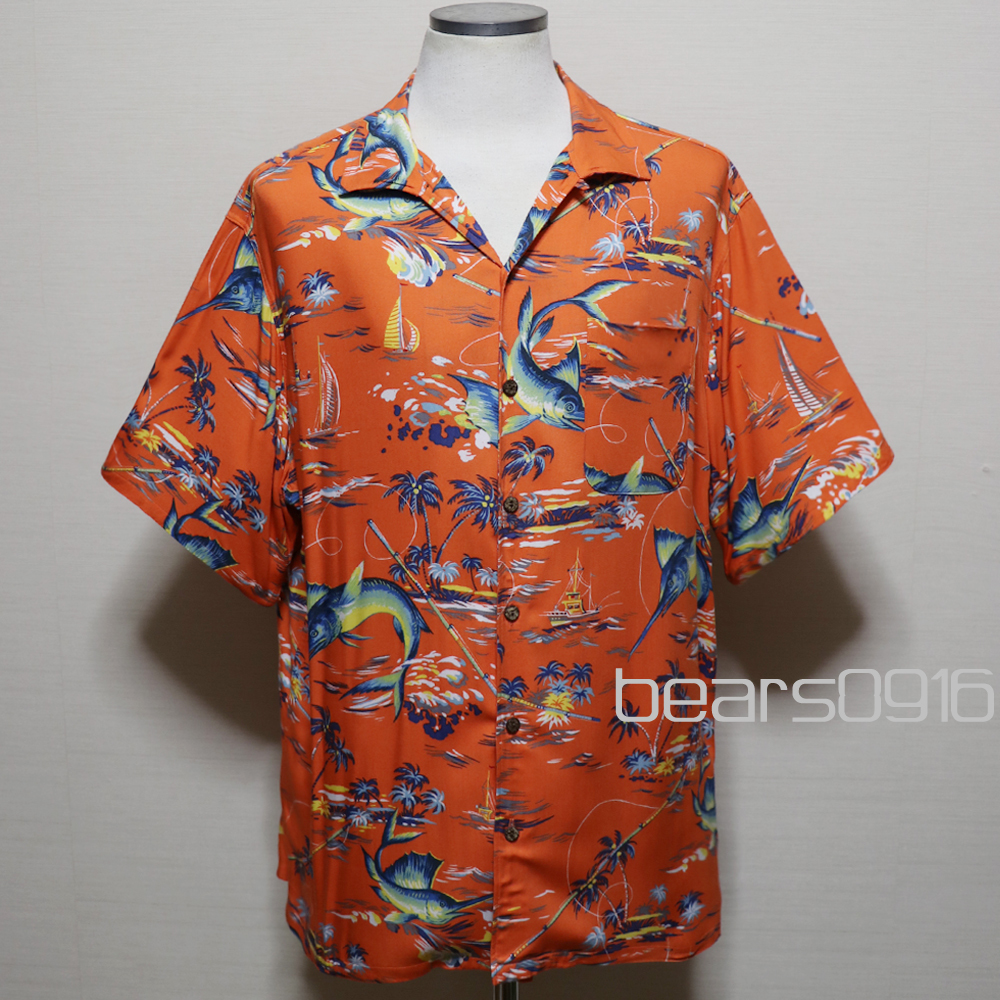 アメリカ購入品 美品 POLO RALPH LAUREN ポロ ラルフローレン ヴィスコースレーヨン アロハシャツ ソードフィッシュ柄 オレンジ XL拍卖