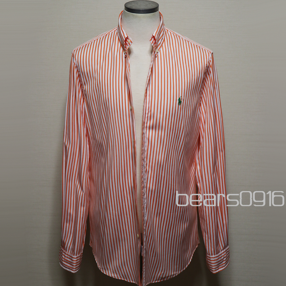 アメリカ購入品 美品 POLO RALPH LAUREN ポロ ラルフローレン ボタンダウンシャツ キャンディーストライプ 緑ポニーオレンジ 白 M拍卖