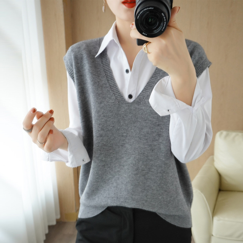 送料無料★即納 新品 ゆったり Vネック ニットベスト 重ね着 無地 ノースリーブ 袖なし★グレー拍卖