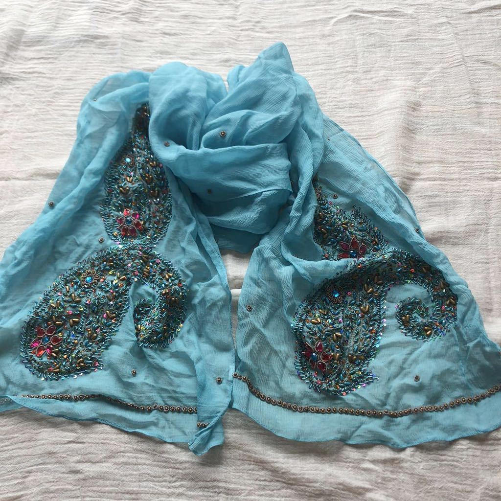 ペイズリー刺繍 ビーズ刺繍 ストール スカーフ ターコイズ シアー ★1000拍卖