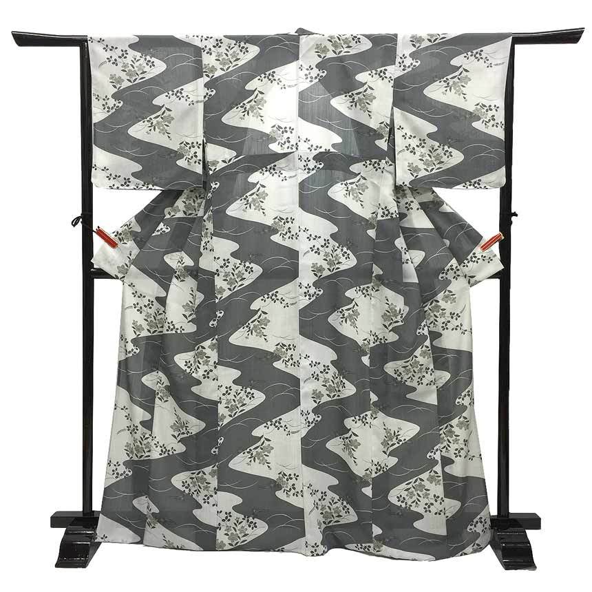 京やI416 洗える着物 夏の洗える紗紬 手縫い 流水文様 桔梗 萩 芝草文 単衣の時期にも 紗 洗える小紋 単衣の時期・夏の小紋 未使用拍卖