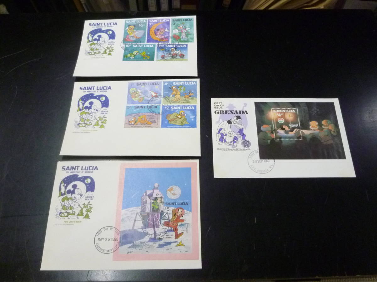 23L S №9 ディズニー切手FDC 1980年 セントルシア 宇宙旅行 完揃・白雪姫 小型貼 バラ 計4通拍卖