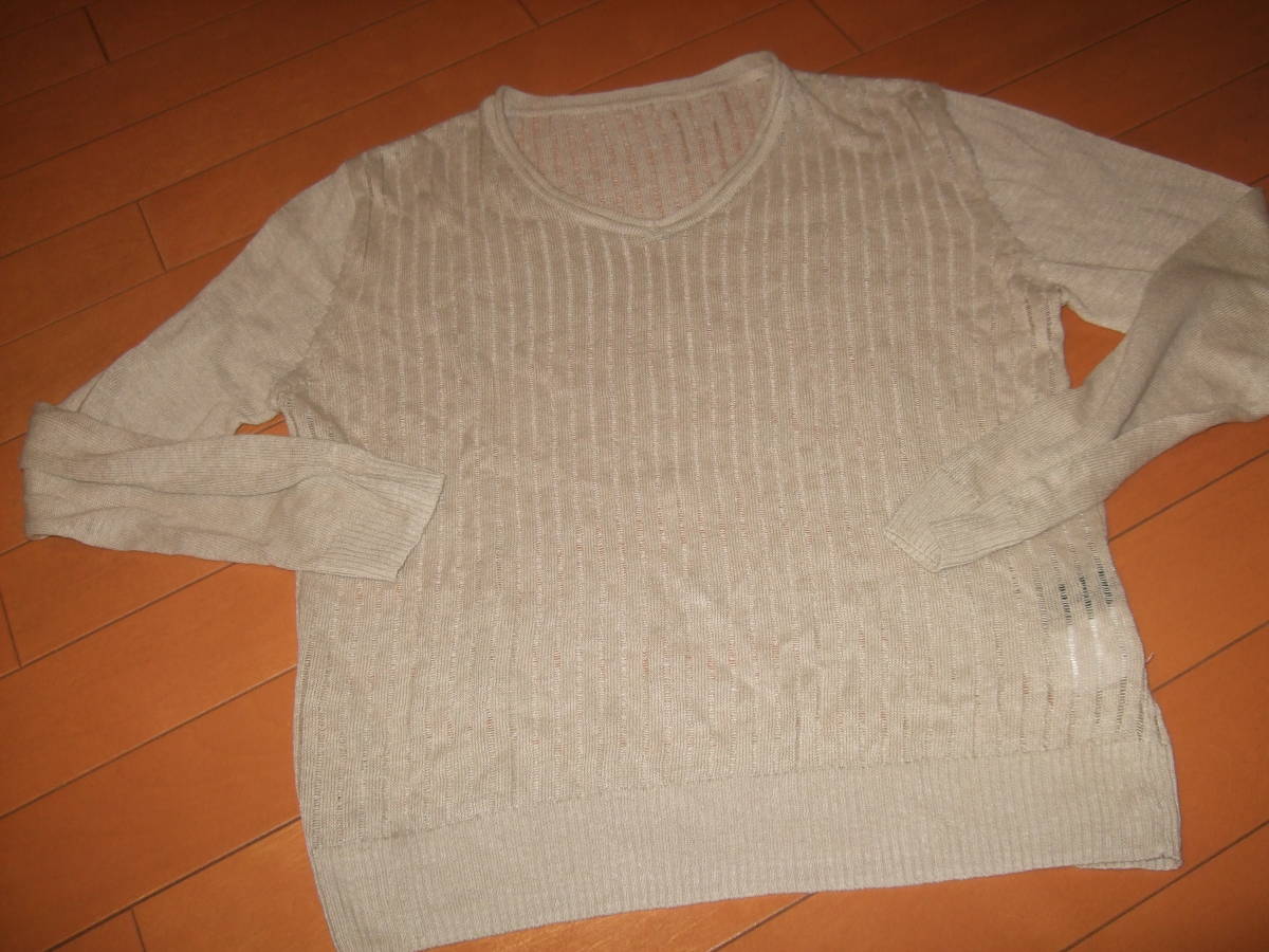 新品タグ付送料込即決☆cugnetteリネン100%リブ透かし編みVネックニット☆サイズ38 ベージュ拍卖