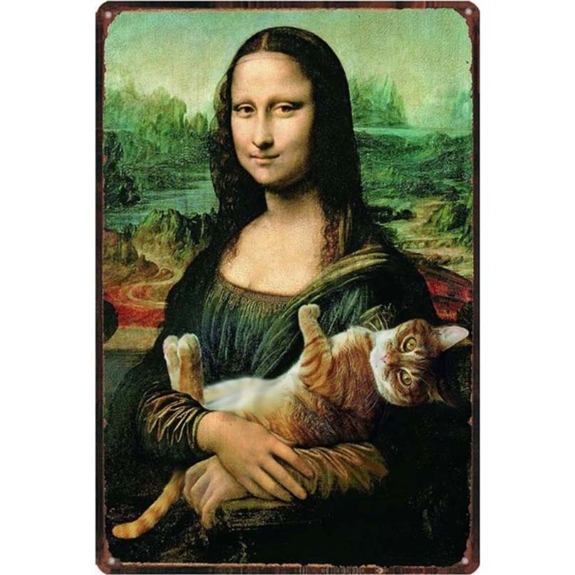 A3465 メタル サイン 金属製 ブリキ 看板 プレート 店 絵 画 名画 ダヴィンチ モナリザ パロディ おもしろ 茶 トラ 猫【8124拍卖