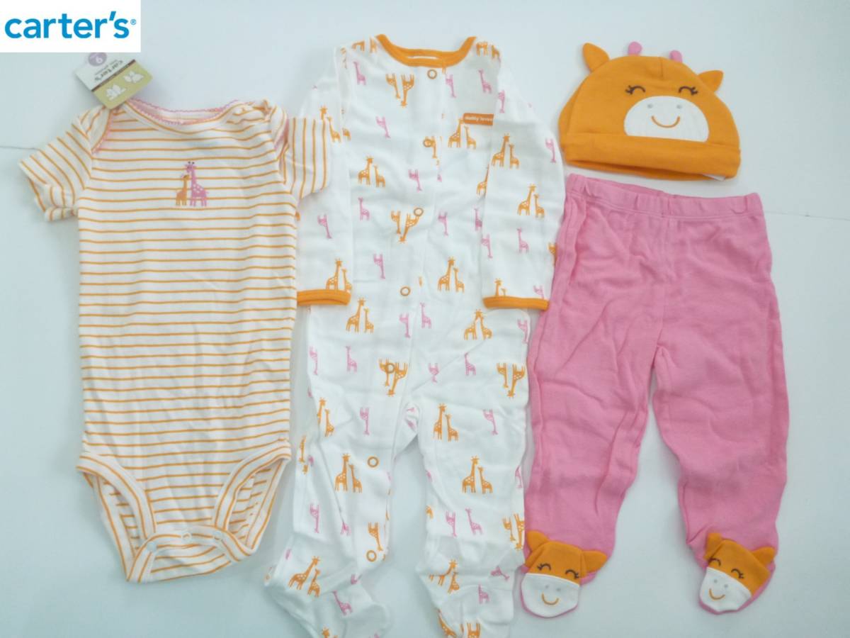 新品 carter's カーターズ ★お出かけ4点セット キリン刺繍 ピンク オレンジ 半袖 長袖 パンツ 帽子 9m…身長70㎝拍卖