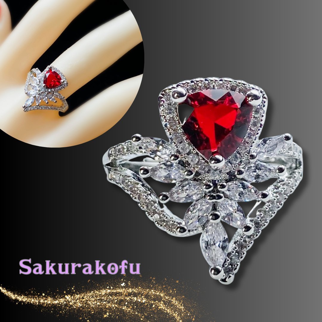 レディース リング 指輪 クラウン ティアラ デザインリング ガーネット ジルコニア フリーサイズ シルバーリング アクセサリー(D151)拍卖