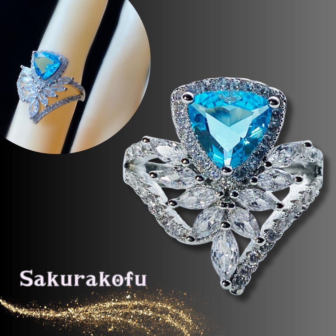 レディース リング 指輪 クラウン ティアラ デザインリング ブルートパーズ ジルコニア フリーサイズ シルバーリング アクセサリー(D151)拍卖