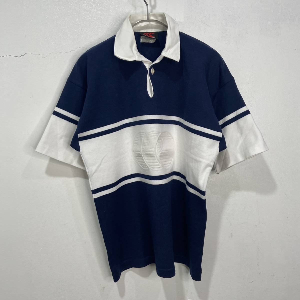 送料無料☆美品☆CANTERBURY☆カンタベリー☆半袖ラガーシャツ☆エンボスロゴ☆ボーダー☆ネイビー☆ホワイト☆S☆G23拍卖