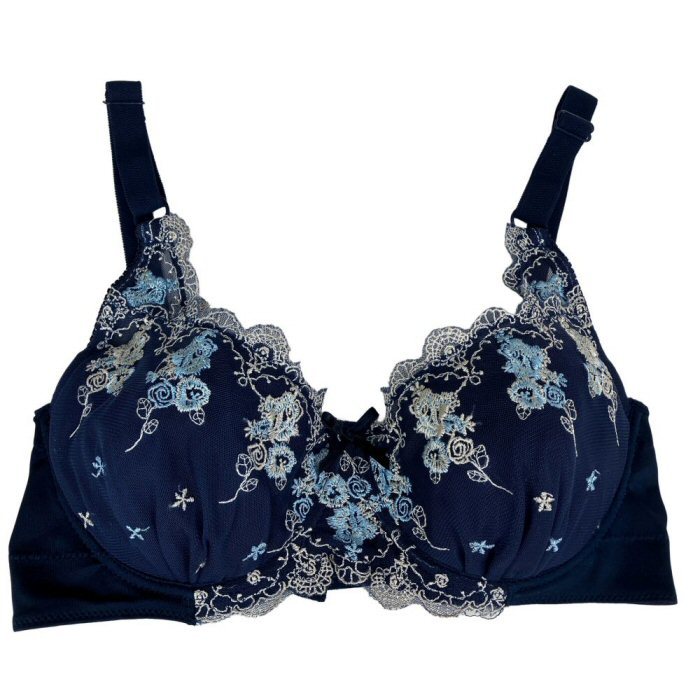 脇高フラットブラ ネイビー D90 グラマーサイズ 脇スッキリ 大きいサイズ チュールレースブラ 安心 しっかり支える 新品 レディース拍卖