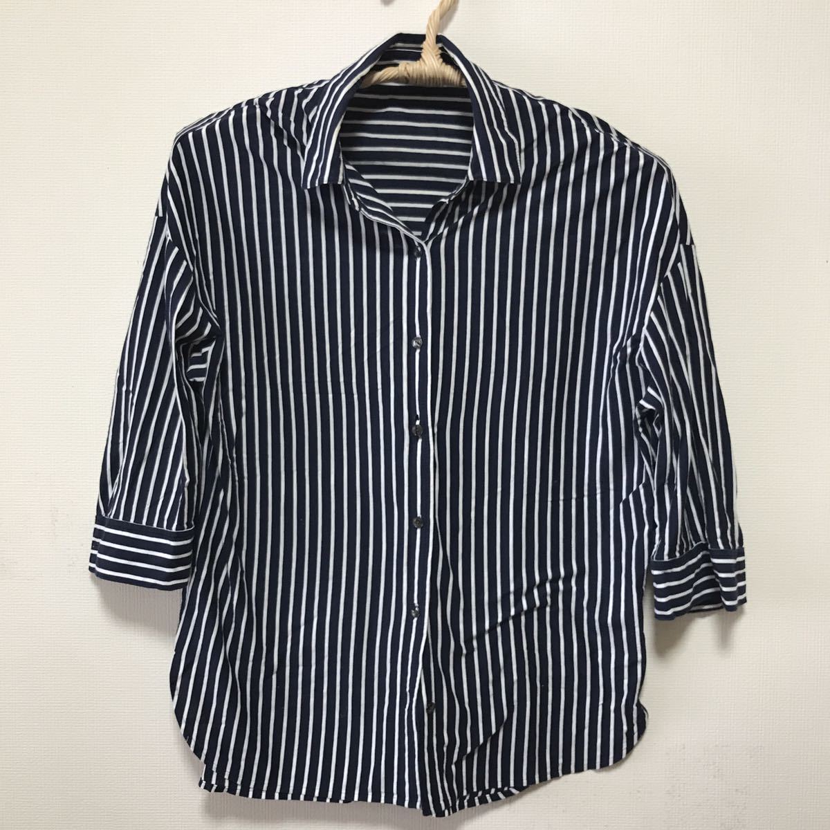 中古 PASSIONE ストライプシャツ サイズ38 ネイビー七分袖拍卖