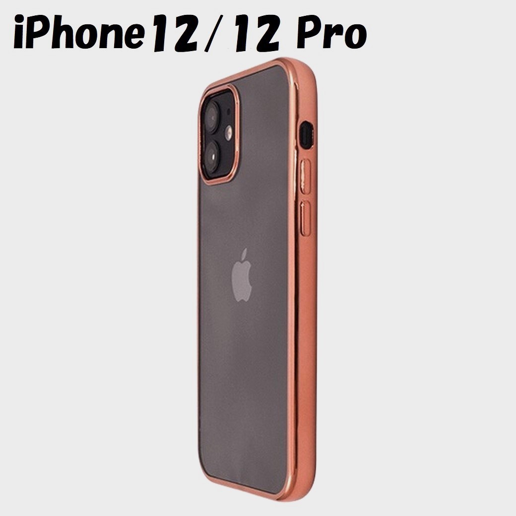 iPhone 12/12Pro:メタリック カラー バンパー 背面クリア ソフト ケース★ピンク 桃拍卖