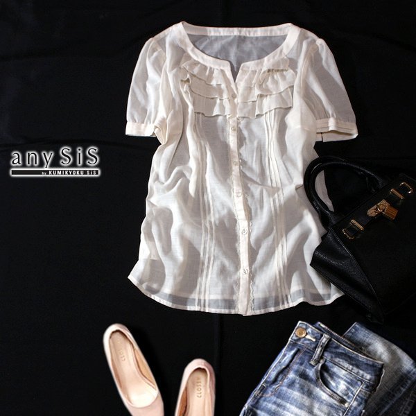 ☆☆ 美品 オンワード樫山 anySiS エニィスィス ☆☆ 可愛いフリル・レース バンドカラー 透けブラウス 2号 M 春 夏 23B07拍卖