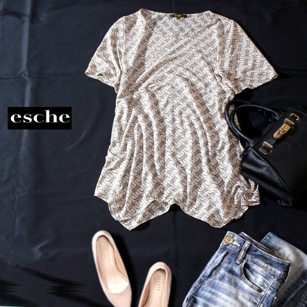 ☆☆ 美品 esche エッシュ ☆☆ 大きいサイズ 42号 イレギュラーヘム ストレッチ カットソー XL 春 夏 23E07拍卖