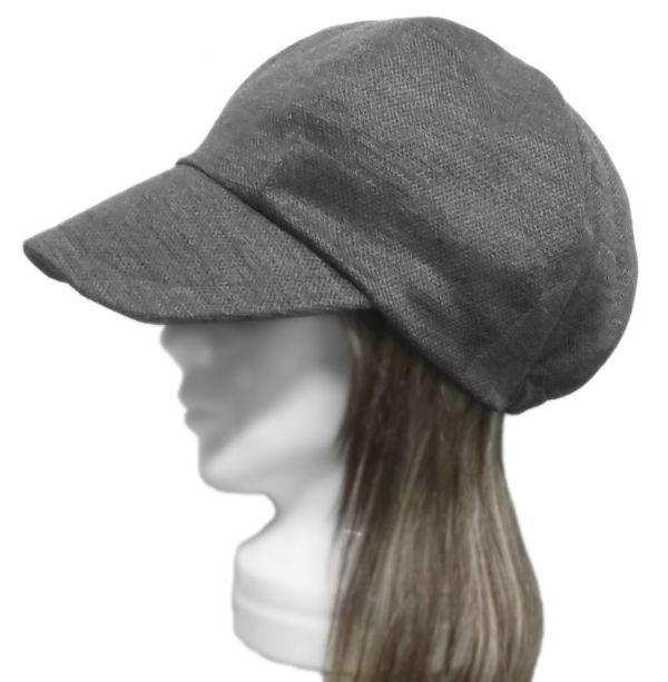 ハンドメイド◆つば広キャスケット◆ジャガード織 リネンニット/杢チャコール ◇紫外線対策・ゆったり・小顔効果・オールシーズン着用◇拍卖