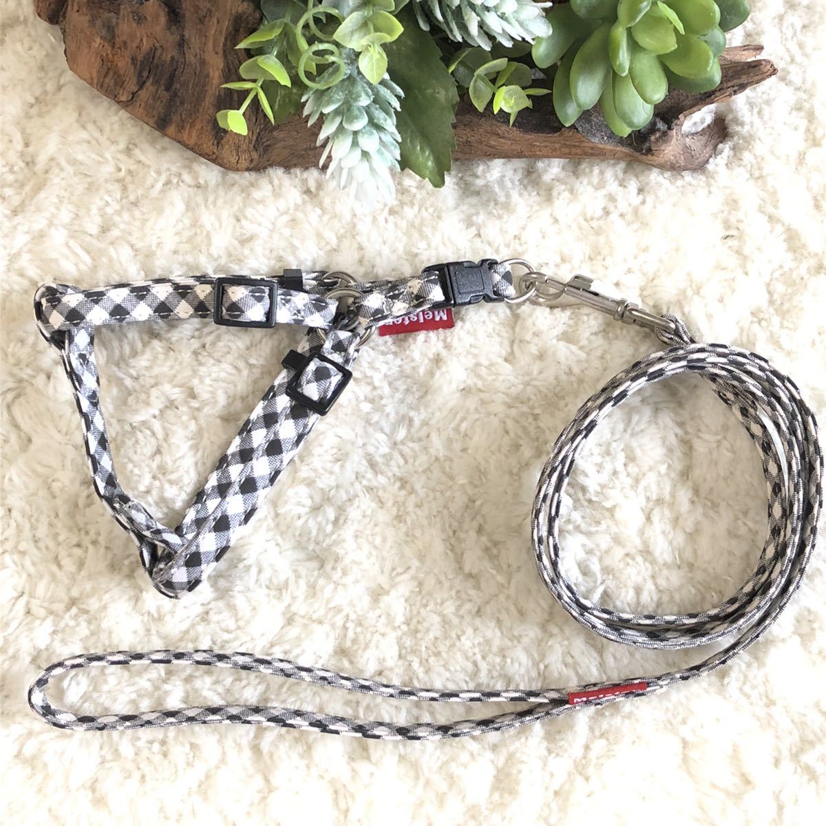 ★同梱お得★胴輪&リード・超小型犬・シンプルチェック-No.12・ブラック♪拍卖