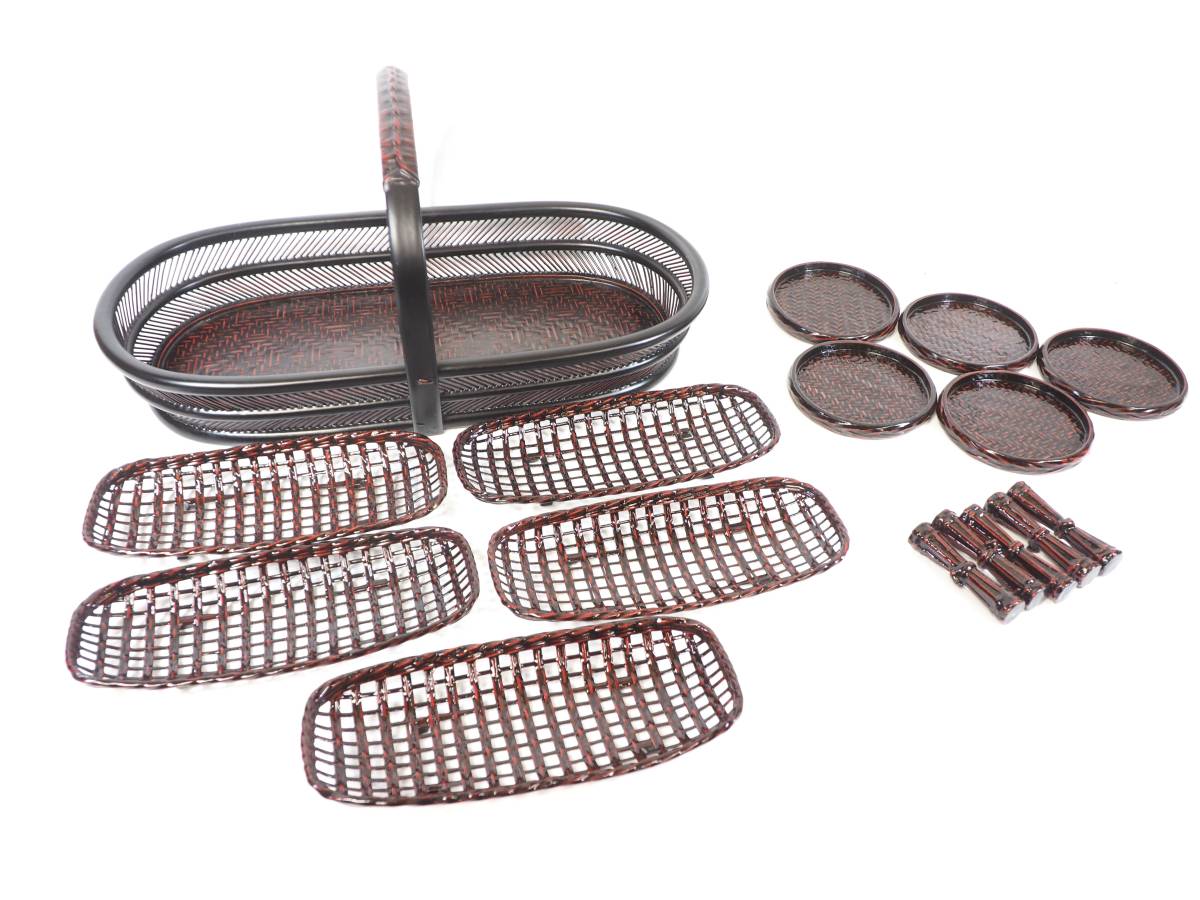 ビンテージ 久留米 九籃の籃胎漆器16点 「フルーツバスケット」「おしぼり入れ(5個)」「コースター(5枚)」など 竹製 1980年代 NYK507拍卖