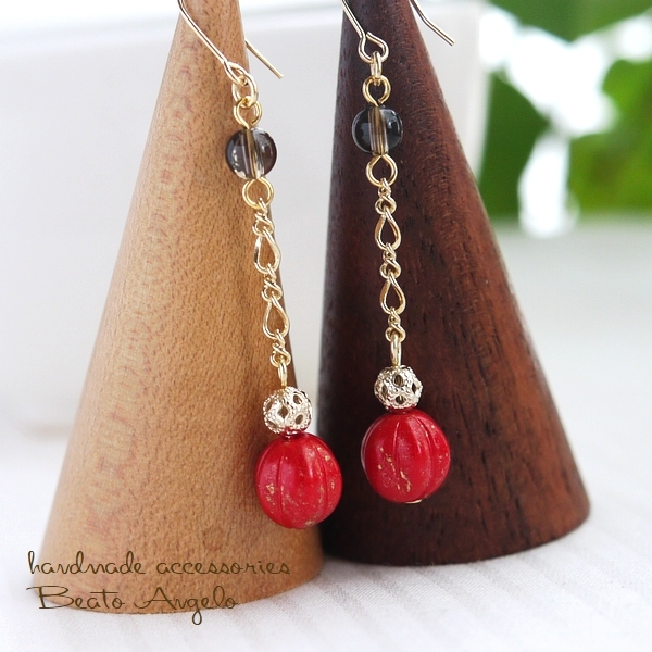 ◆◆+angelo+チェコメロンとスモーキークォーツのピアス(p-278)オペークレッドマーブルゴールド G 透かし玉 ※在庫限り拍卖