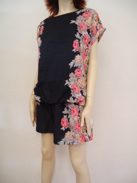 【KCM】op1-7373300102-17■新品■【ANOTHER BRANCH/アナザーブランチ】サイド花柄上下セット 部屋着にも ブラック系 サイズF拍卖