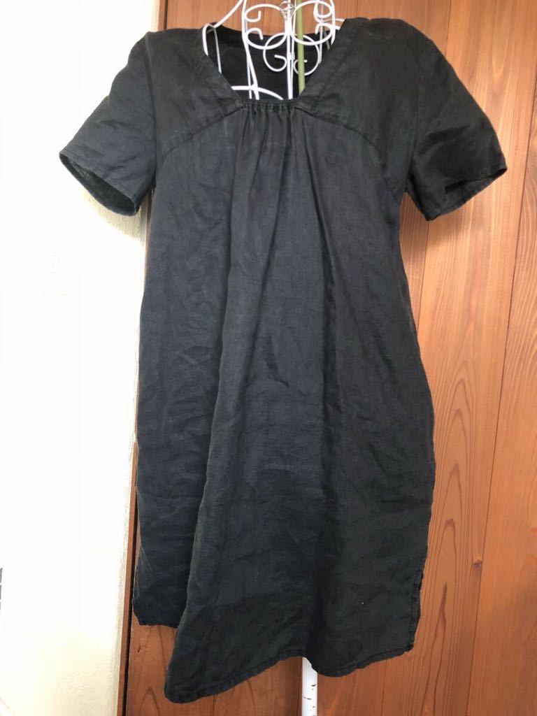 775 無印 麻100% 涼しい 半袖 チュニック ブラック Mサイズ拍卖
