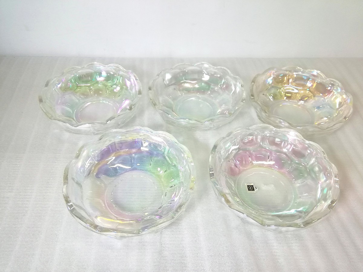 ☆昭和レトロ レインボーガラス鉢 ガラス皿 小鉢 5客揃 5客セット 食器 居酒屋 割烹 料亭 中古品拍卖