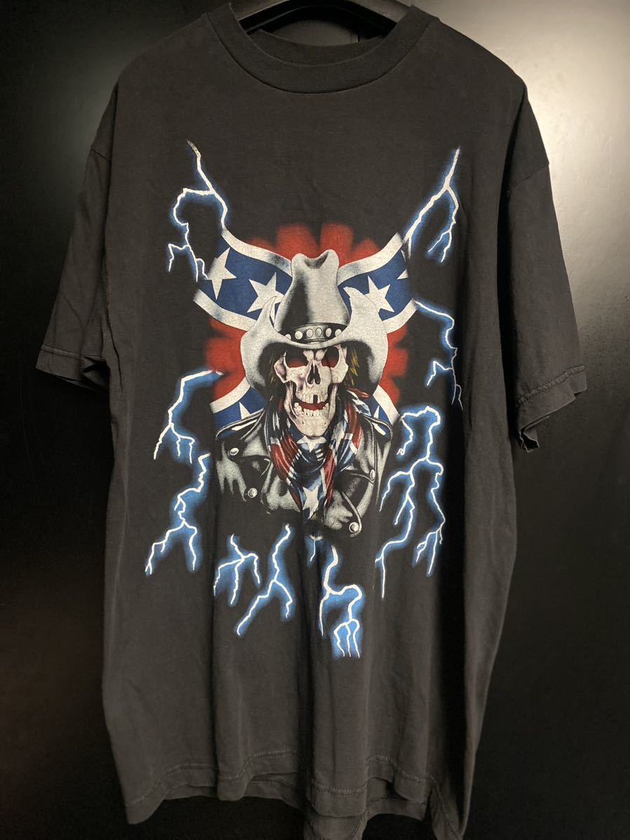 激レア90'S American Thunder Tシャツ ヴィンテージ XL スカルTシャツ アメリカンサンダー ブラック オフィシャル リキッドブルー拍卖
