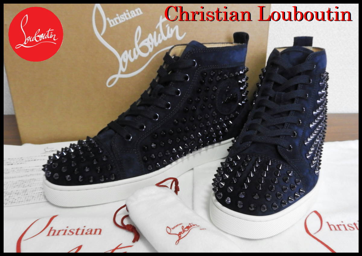Christian Louboutin ルイススパイク 国内正規品 クリスチャンルブタン ネイビー 紺色 ベロア ハイカットスニーカー 42 スタッズ 新品 完売拍卖