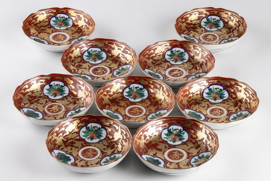 【九谷焼】『 九谷峰仙 赤絵金彩雲鶴柘榴文なます皿 9客セット 16322 』 金襴手 染錦 和食器 料亭 日本料理 焼物皿 陶芸 陶磁器 古美術拍卖