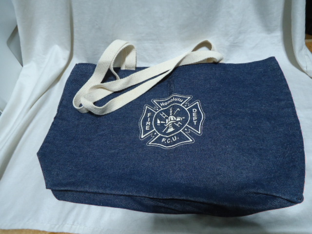 即決 ハワイ ホノルル ファイヤー 消防署 エコバック 紺デニム色 ショルダー 手提げ カバン レア MADE IN USA拍卖