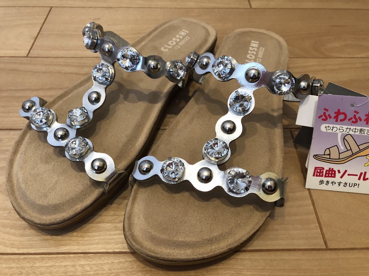 タグ付き未使用品 ビジュー付きサンダル シルバー Lサイズ拍卖