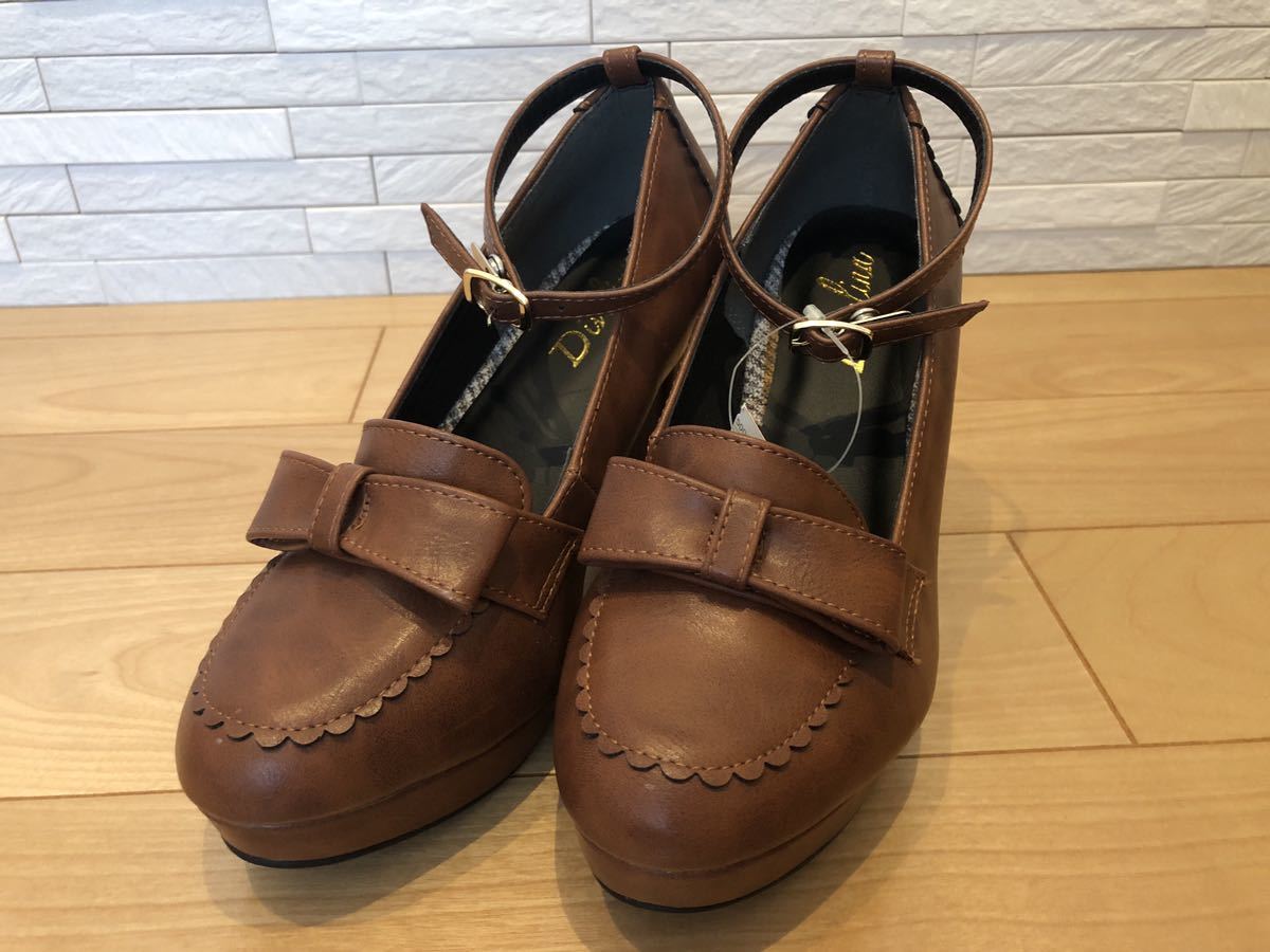 タグ付き未使用品 リボン付きハイヒールパンプス 茶色 Lサイズ拍卖
