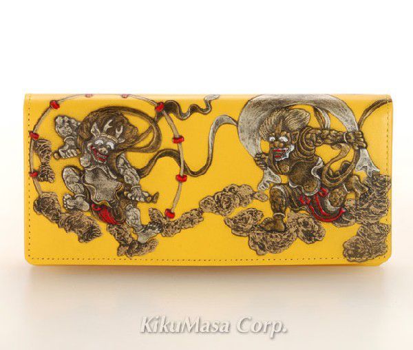 風神 雷神 浮き押し 長財布 小銭入れ有り イエロー メンズ 牛革製 黄色拍卖