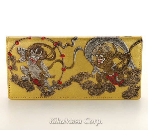 風神 雷神 浮き押し 長財布 小銭入れ有り ゴールド メンズ 牛革製 金色拍卖