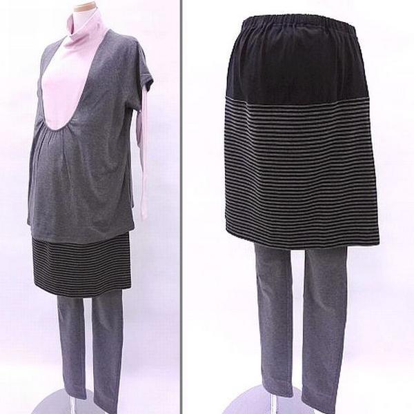 マタニティ M 便利3点セット 授乳口付プルオーバー・スカート・12分丈レギンス 産前・産後・授乳拍卖