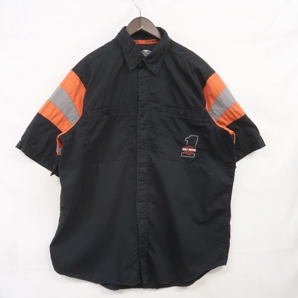 サイズ L HARLEY DAVIDSON 半袖 ボタンダウン シャツ ブラック オレンジ 切替 刺繍 ハーレーダビットソン 古着 ビンテージ 3JU1906拍卖
