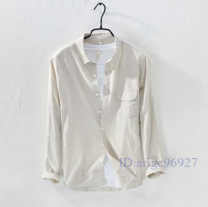 S125☆新品長袖シャツ リネンシャツ メンズ 綿麻シャツ 無地 カジュアルシャツ シンプル 麻混 トップス 春夏品 ベージュ拍卖