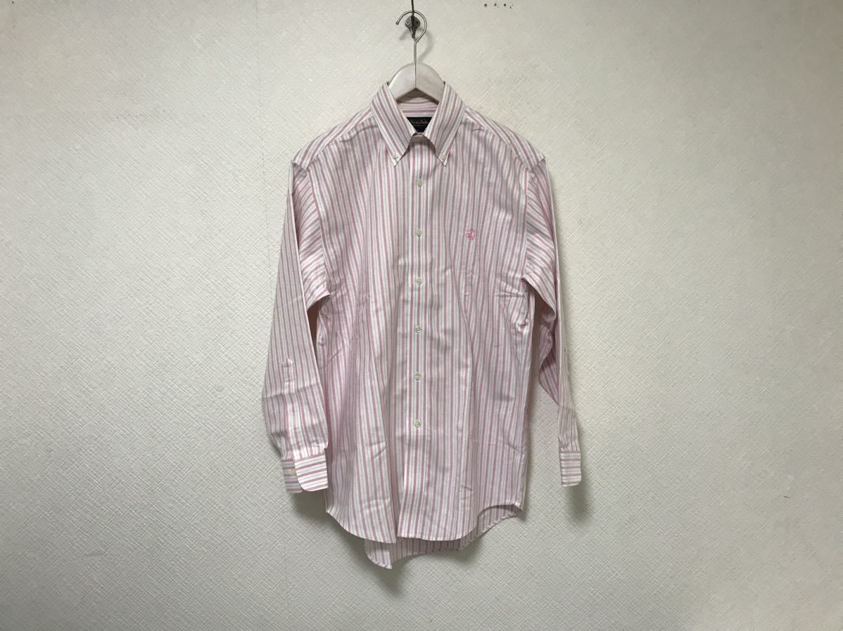 本物ブルックスブラザーズBROOKS BROTHERSコットンストライプ柄ドレスロゴ刺繍長袖シャツメンズサーフアメカジビジネススーツ白ピンクS拍卖