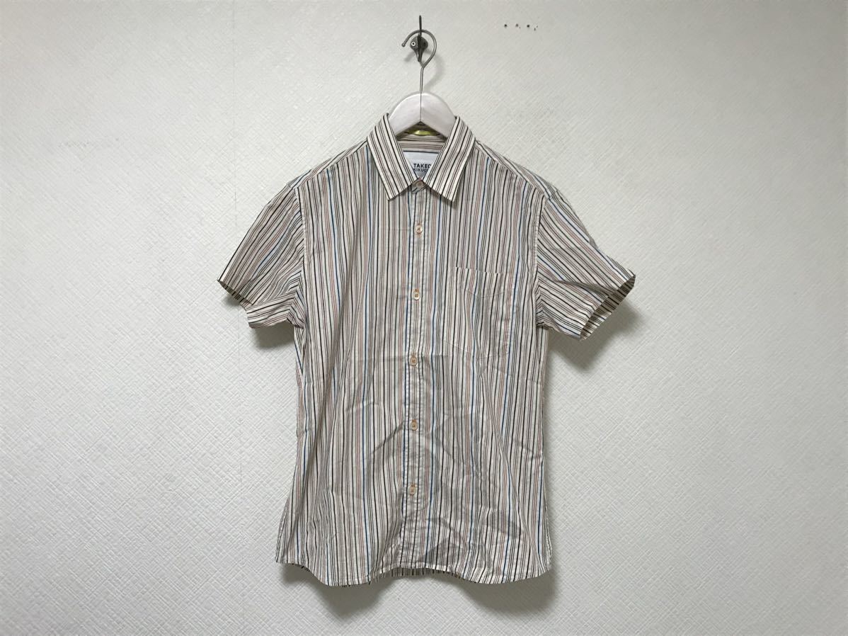 美品本物タケオキクチTAKEOKIKUCHIコットンナイロンストライプ柄ドレス半袖シャツワークミリタリーアメカジサーフメンズ白カラフル1S拍卖