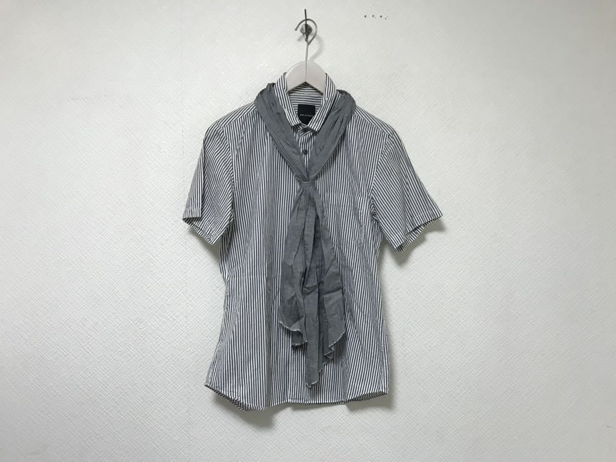 本物シップスジェットブルーshipsjetblueコットンストライプ柄ストール付き半袖シャツワークミリタリーメンズサーフアメカジ白グレーS拍卖