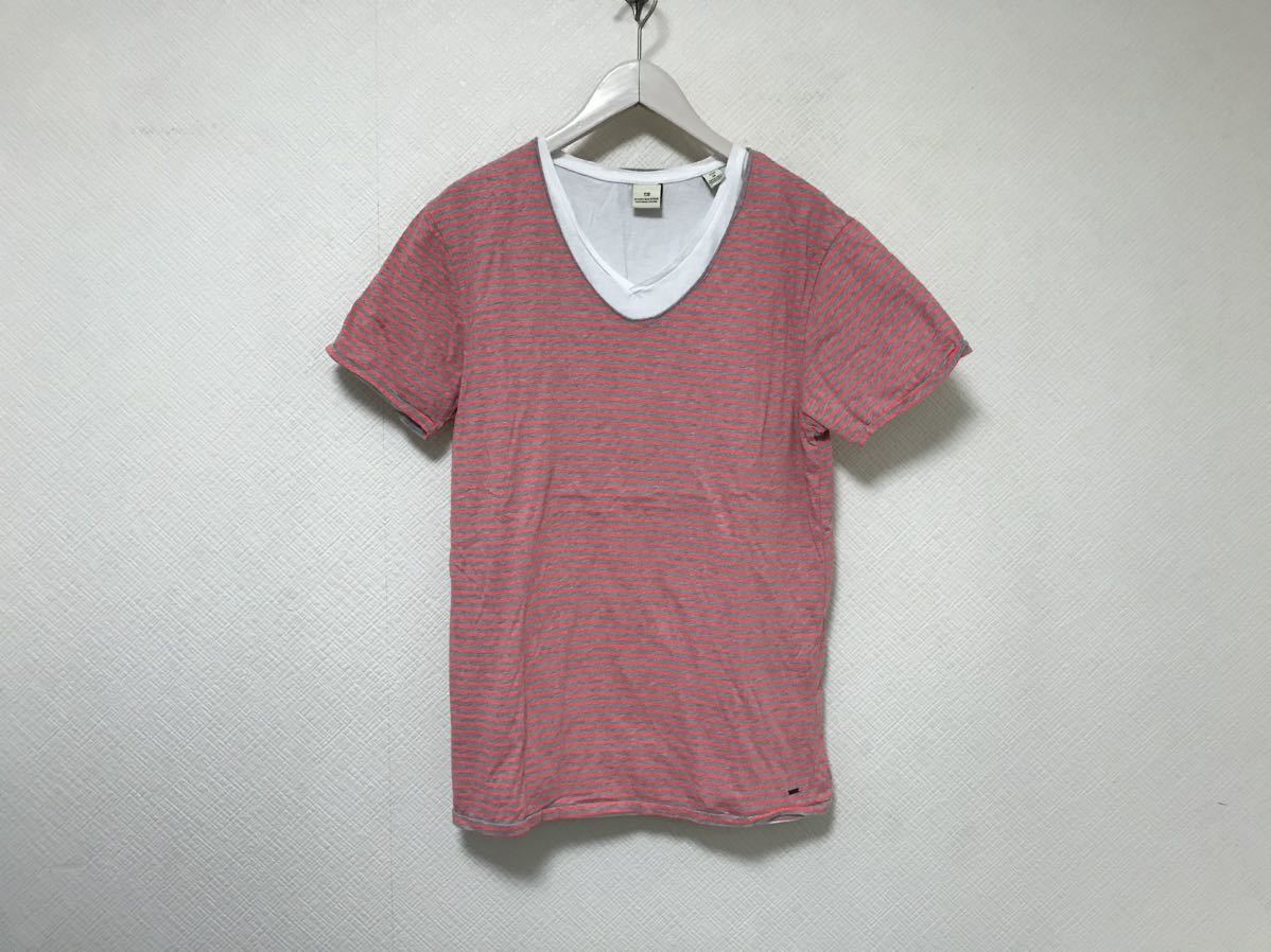 本物スコッチアンドソーダSCOTCH&SODAコットンVネックボーダー柄重ね着半袖TシャツメンズアメカジサーフミリタリービジネスMトルコ製ピンク拍卖