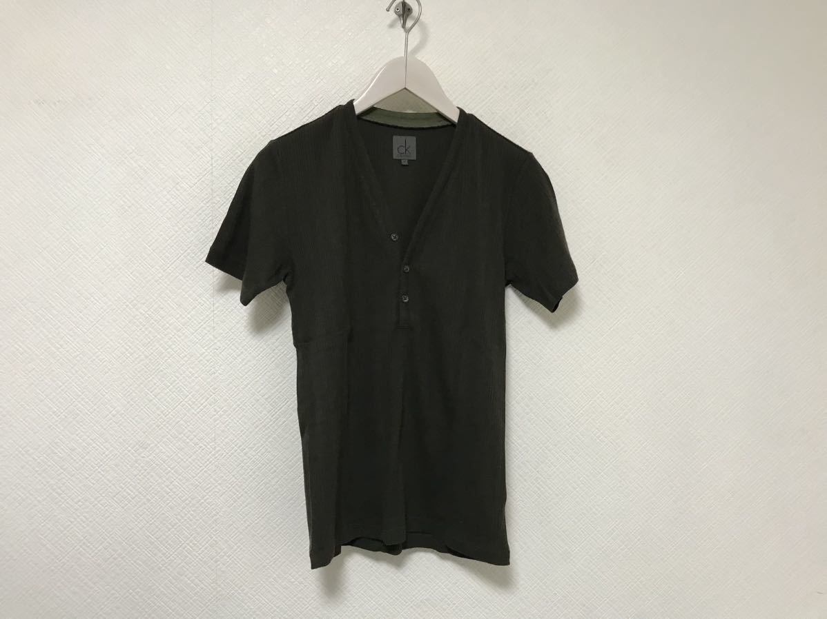 本物カルバンクラインck CalvinKleinコットンヘンリーネック半袖TシャツメンズサーフアメカジミリタリービジネススーツストリートMカーキ拍卖